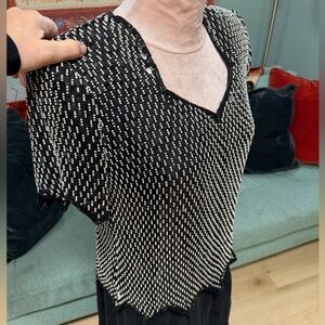 Vintage Lawrence Kazar sequins beaded Black & White short scalloped sleeve Top M